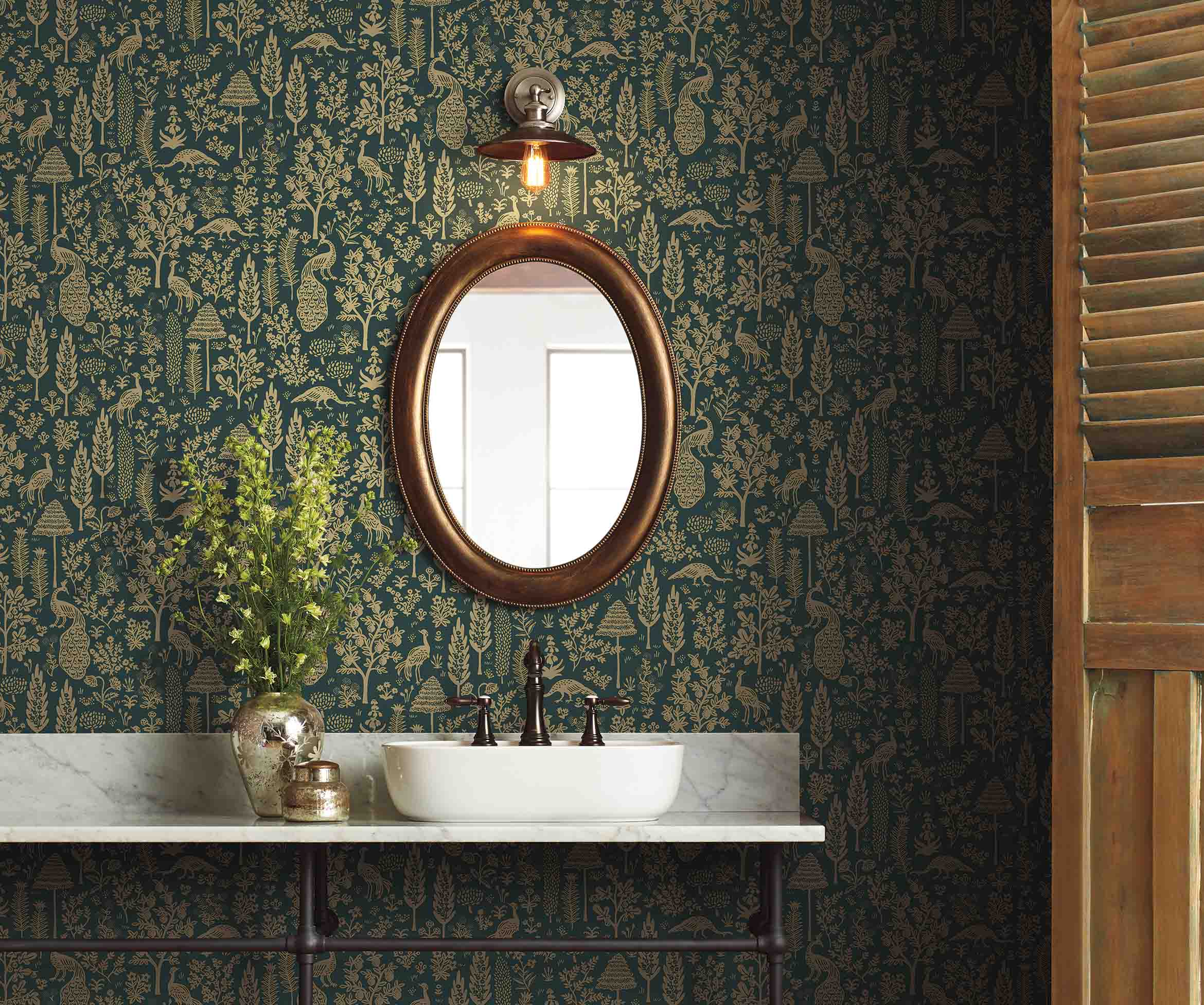 Menagerie Toile Wallpaper - Emerald & Metallic Gold - Image 2